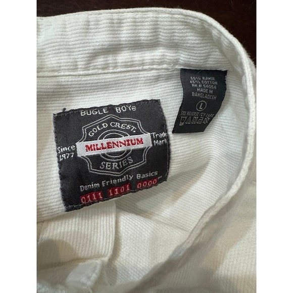 Bugle Boy Gold Crest Millennium Series White Corduroy Band Collar Shirt Mens L - Picture 7 of 8